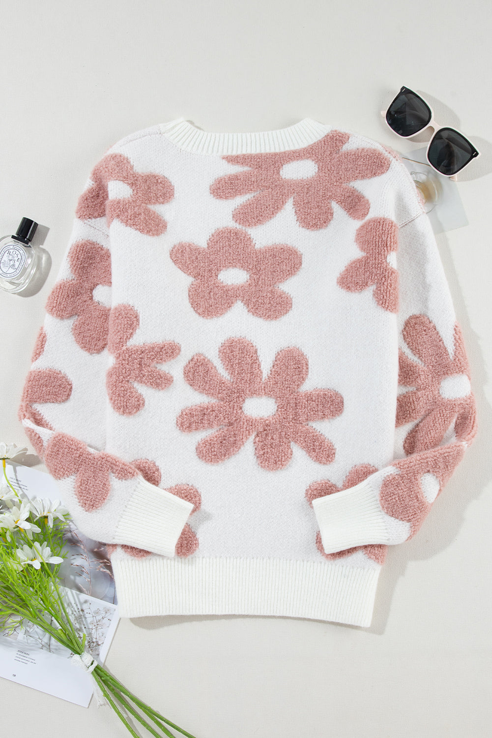 White Textured Flower Drop Shoulder Loose Sweater-Sweaters & Cardigans/Sweaters-[Adult]-[Female]-2022 Online Blue Zone Planet