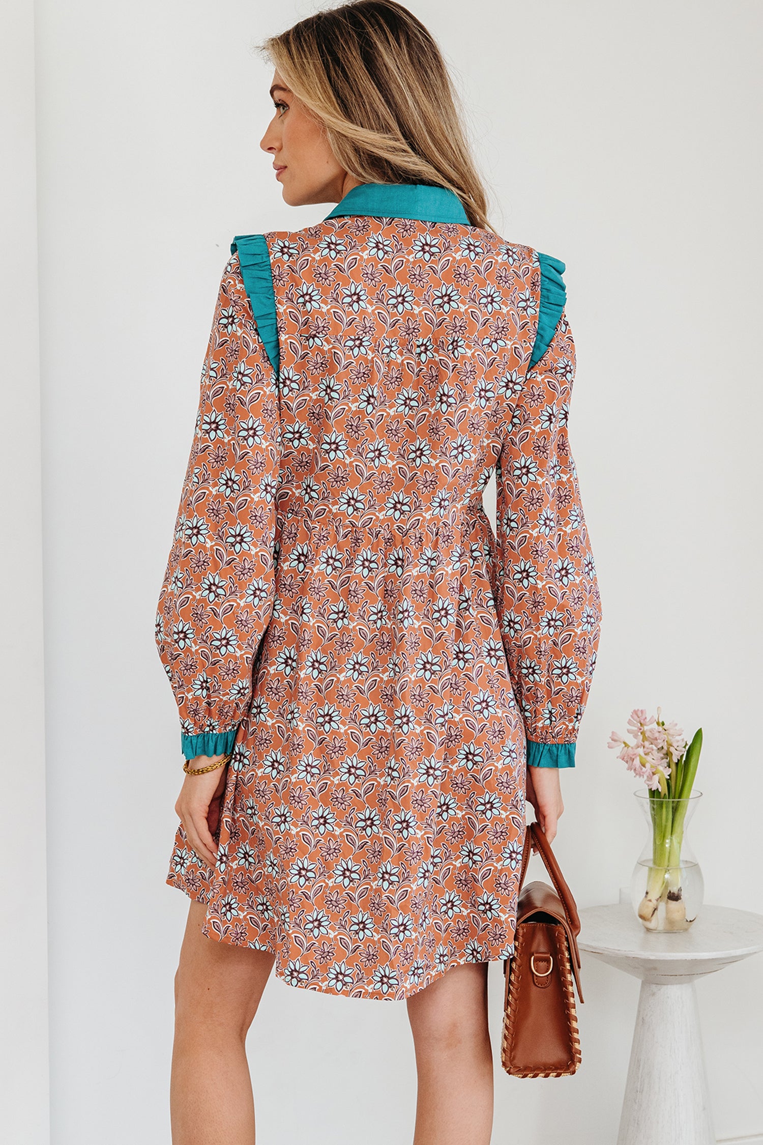 Orange Boho Floral Contrast Collared Shirt Mini Dress-TOPS / DRESSES-[Adult]-[Female]-2022 Online Blue Zone Planet