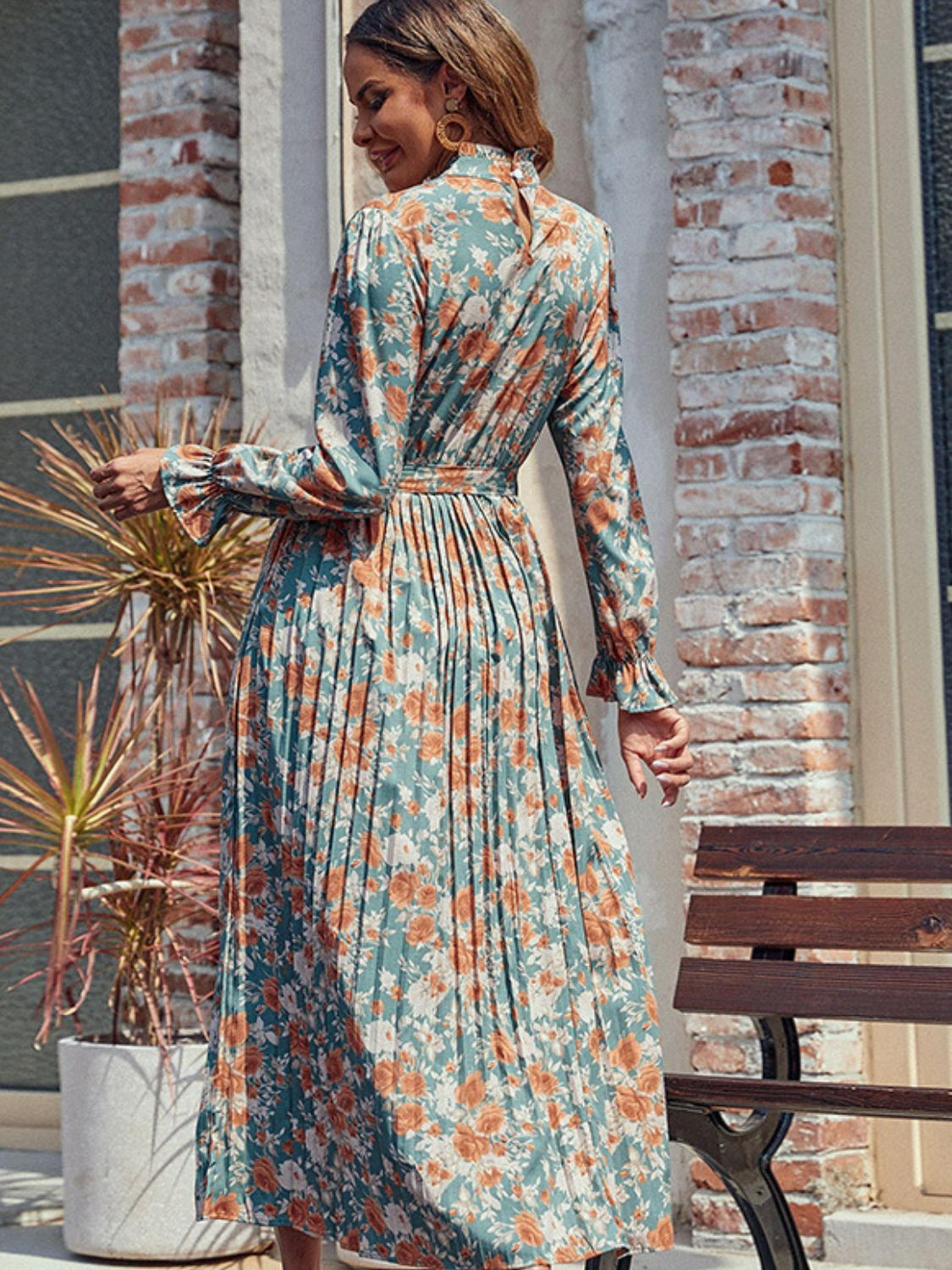 Perfee Tied Pleated Printed Mock Neck Long Sleeve Dress-TOPS / DRESSES-[Adult]-[Female]-2022 Online Blue Zone Planet