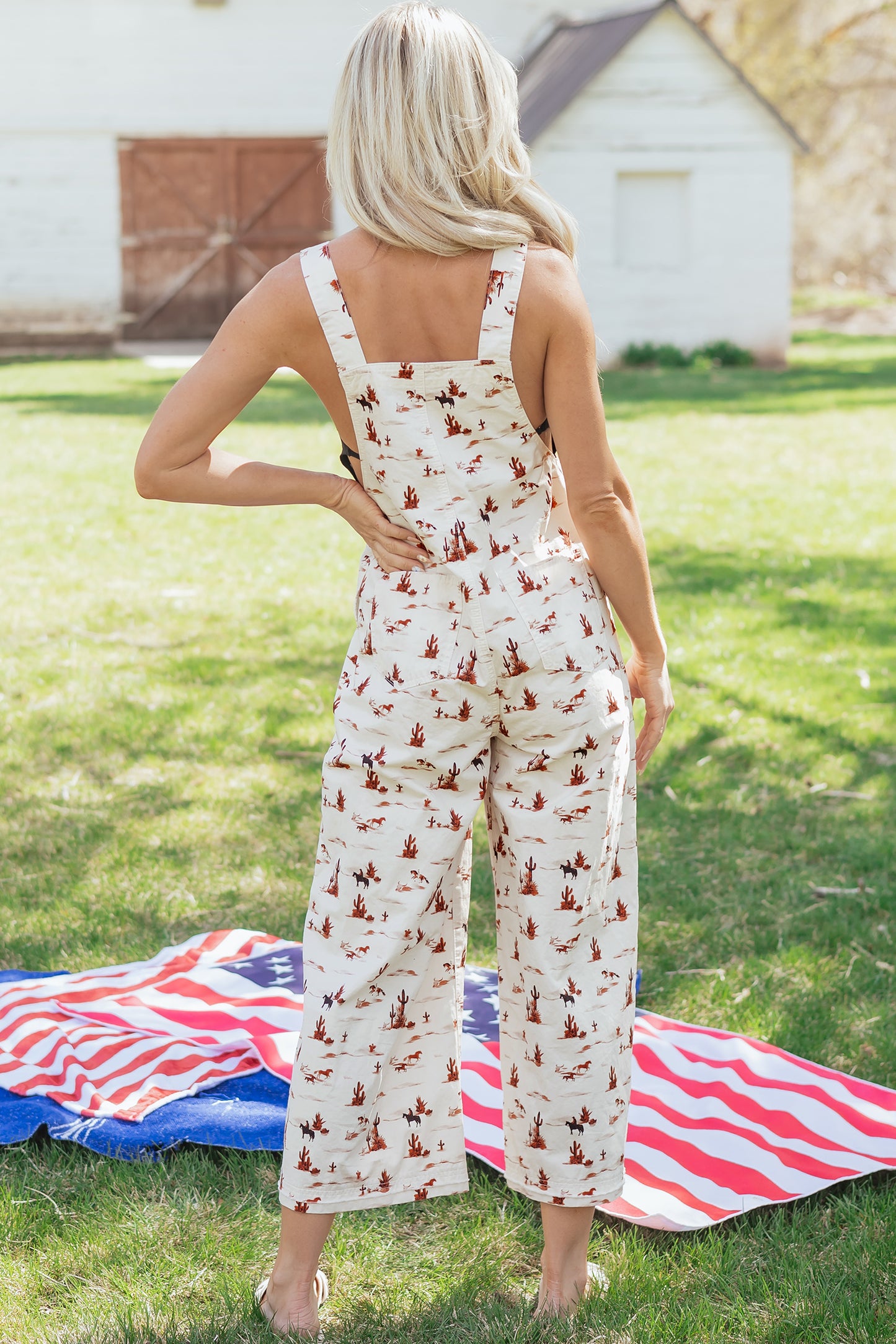 Beige Western Printed Button Adjustable Straps Loose Jumpsuit Dungarees-Bottoms/Jumpsuits & Rompers-[Adult]-[Female]-2022 Online Blue Zone Planet