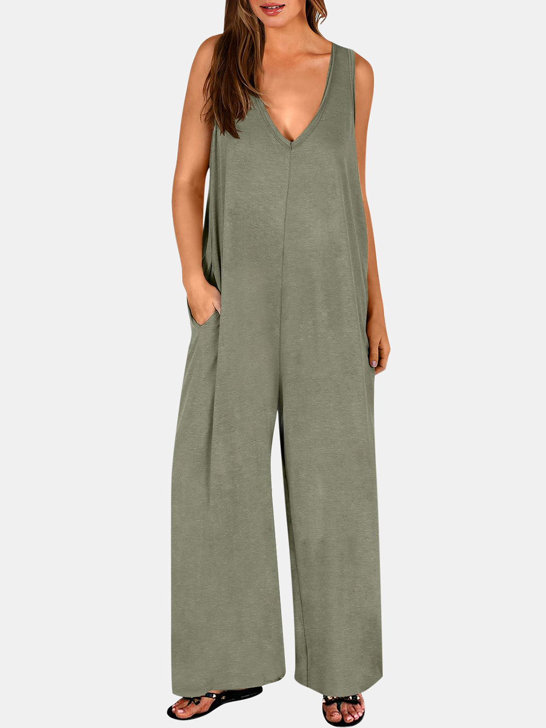 Full Size V-Neck Wide Strap Jumpsuit-TOPS / DRESSES-[Adult]-[Female]-Matcha Green-S-2022 Online Blue Zone Planet