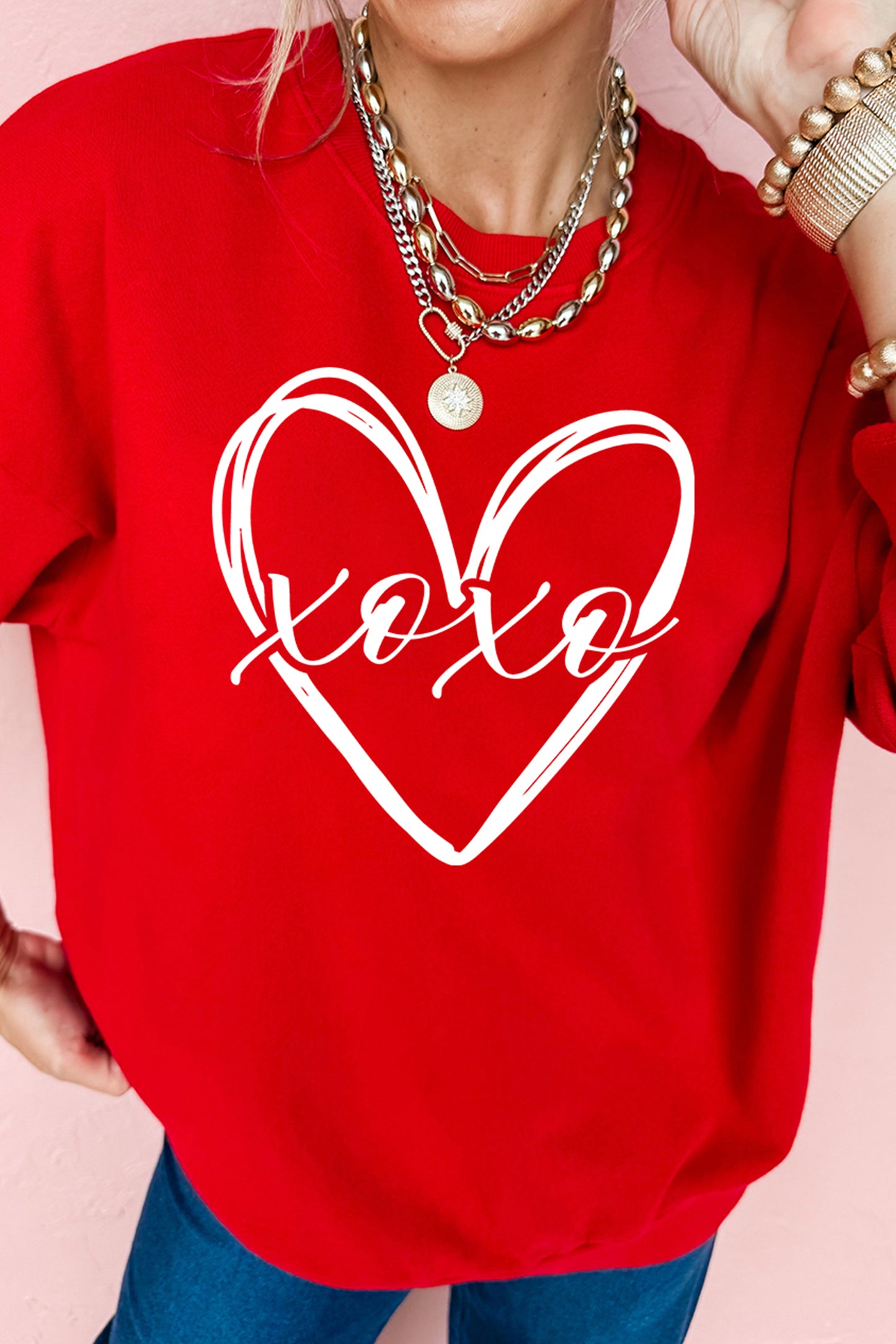 Red xoxo Valentines Heart Sketch Printed Pullover Sweatshirt-Graphic Sweatshirts-[Adult]-[Female]-2022 Online Blue Zone Planet