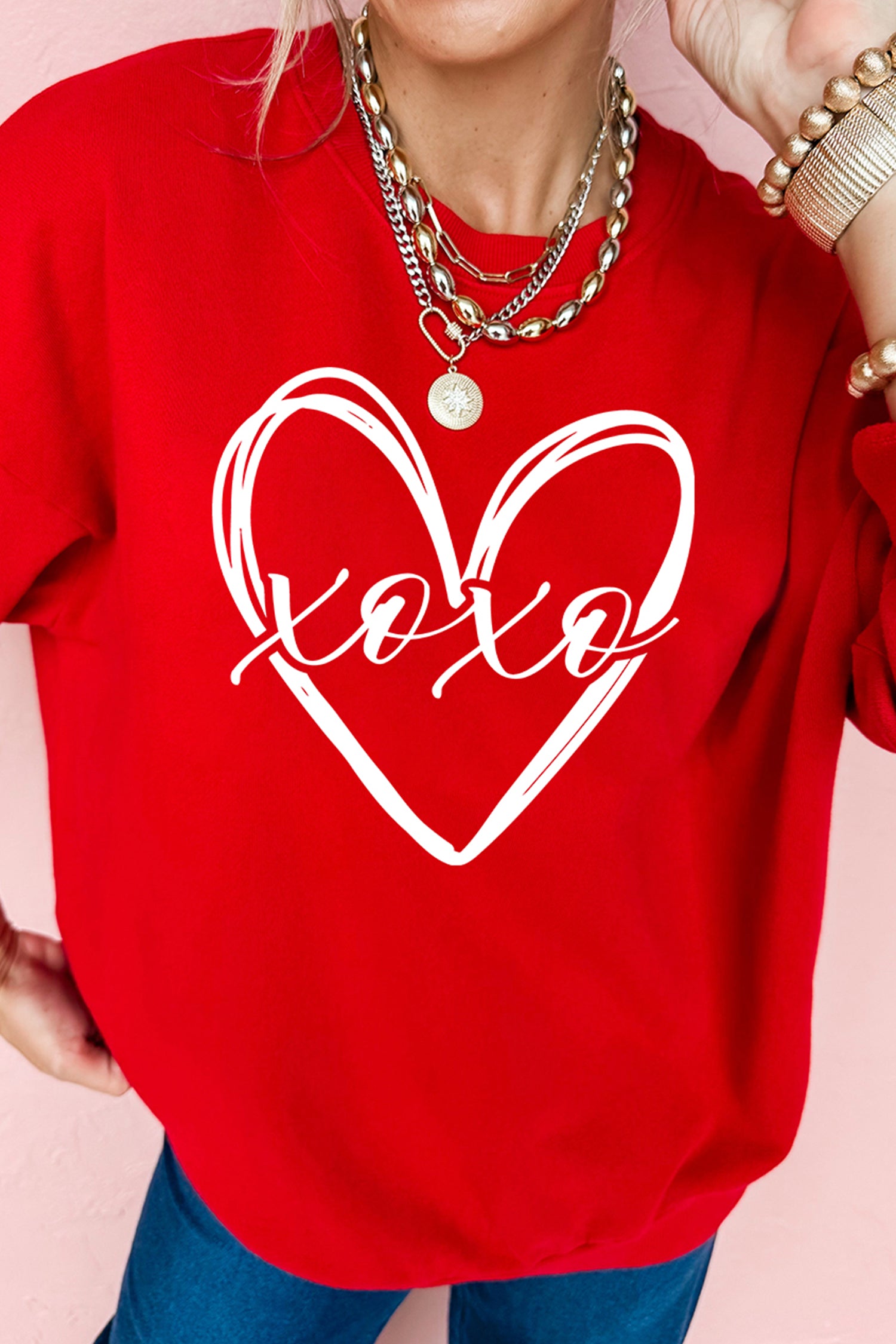 Red xoxo Valentines Heart Sketch Printed Pullover Sweatshirt-Graphic Sweatshirts-[Adult]-[Female]-2022 Online Blue Zone Planet