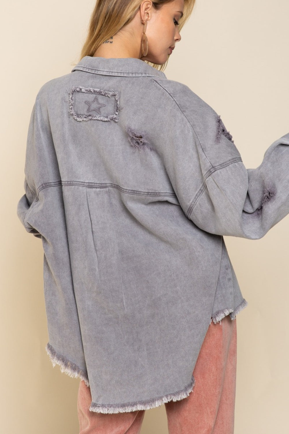 Blue Zone Planet | POL Button Down Raw Hem Distressed Shacket-TOPS / DRESSES-[Adult]-[Female]-Grey-S-2022 Online Blue Zone Planet