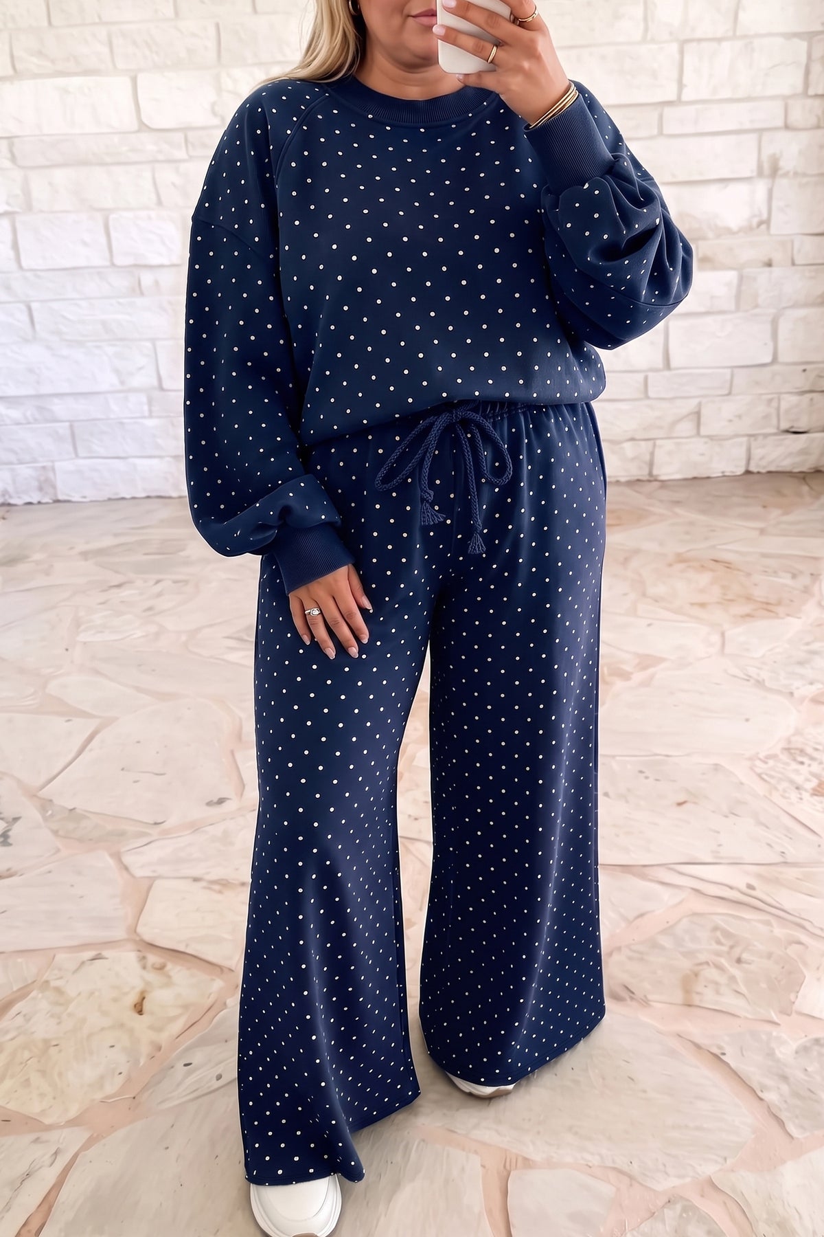 Red Polka Dot Round Neck Long Sleeve Plus Size Set-Plus Size/Plus Size Loungewear-[Adult]-[Female]-Blue-1X-2022 Online Blue Zone Planet