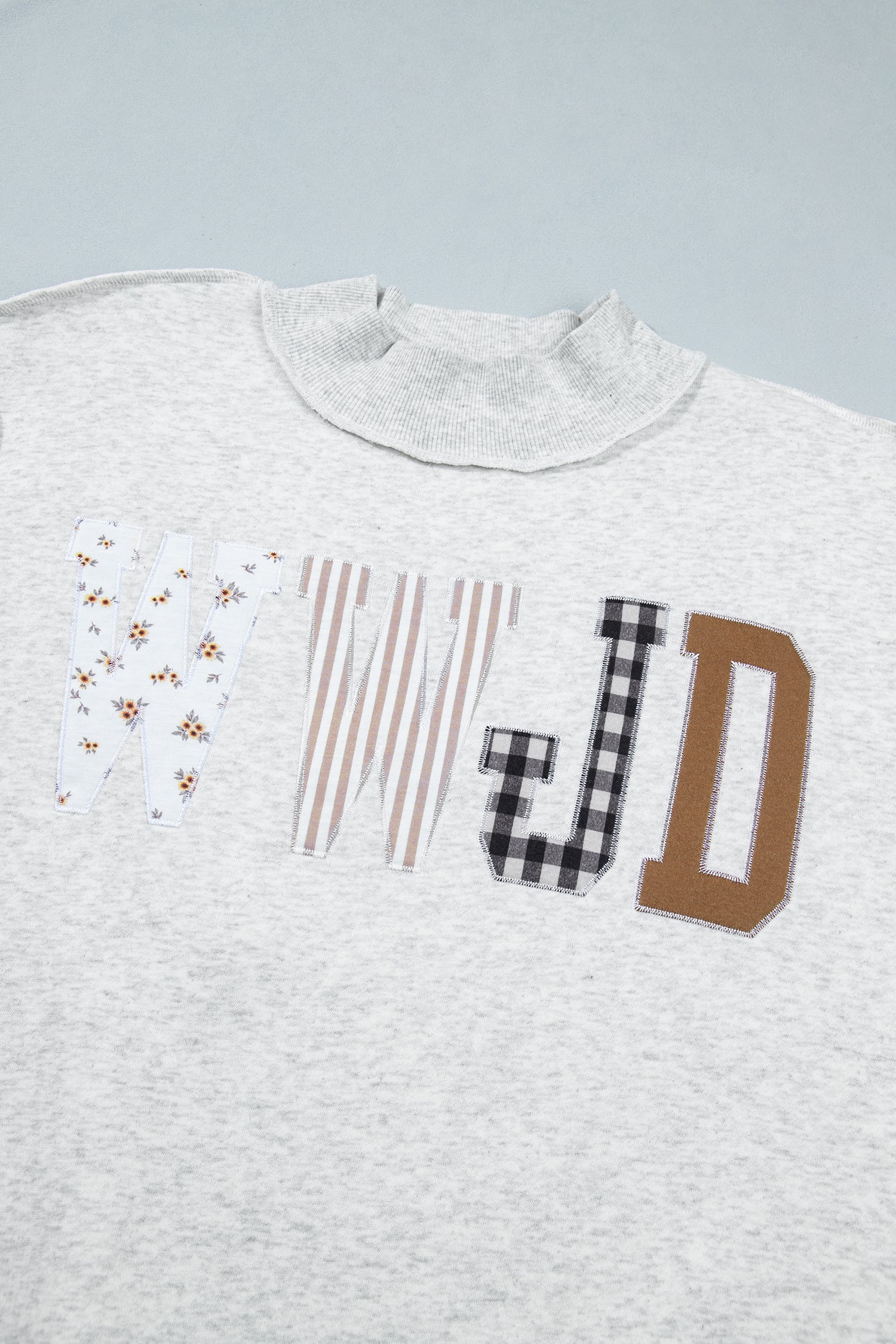 Gray WWJD Mixed Pattern Embroidered Patch Graphic Mock Neck Sweatshirt-Tops/Sweatshirts & Hoodies-[Adult]-[Female]-2022 Online Blue Zone Planet