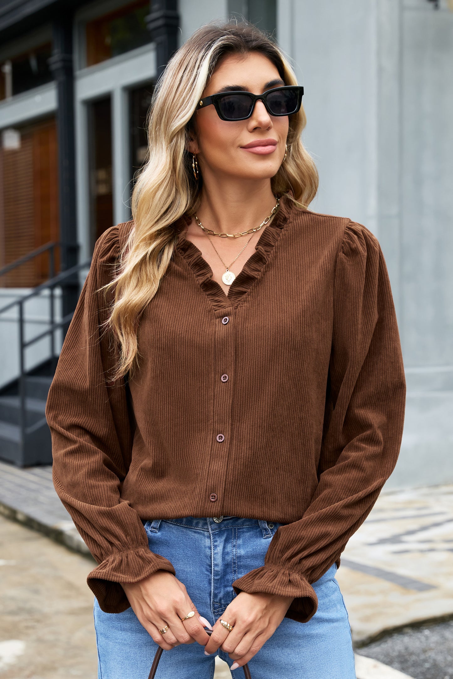 Coffee Solid Color Ruffle Trim V Neck Long Sleeve Button Corduroy Shakcet-Outerwear/Jackets-[Adult]-[Female]-2022 Online Blue Zone Planet