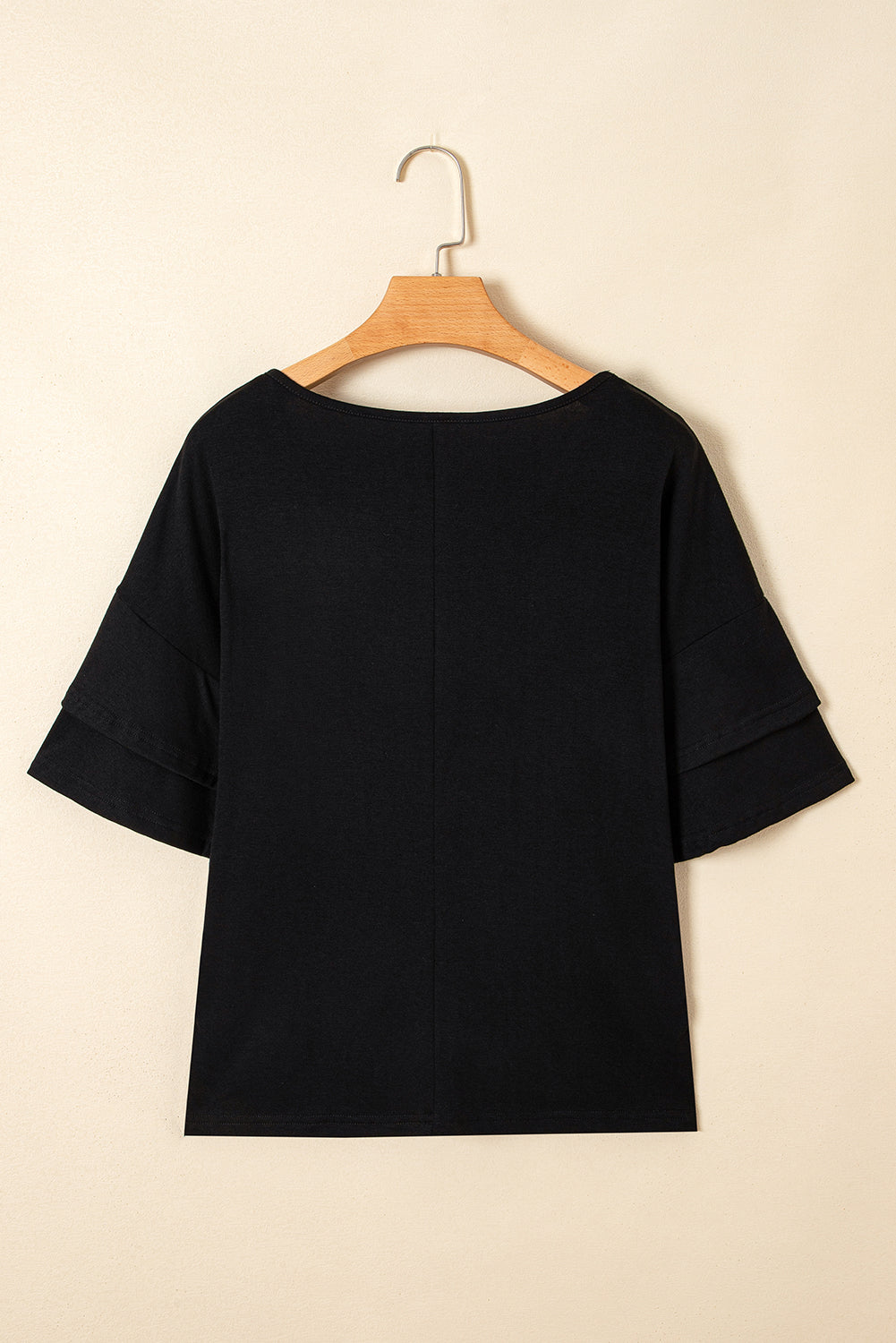 Black Solid Colour V-Neck Double Layer Sleeve Loose T-Shirt-Tops/Tops & Tees-[Adult]-[Female]-2022 Online Blue Zone Planet