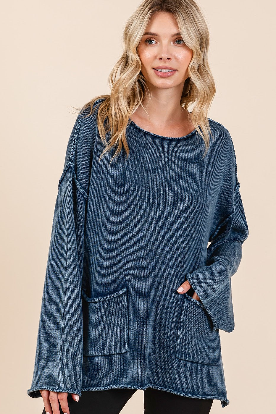 Mittoshop Mineral Wash Patch Pocket Cut Edge Sweater-TOPS / DRESSES-[Adult]-[Female]-Midnight-S-2022 Online Blue Zone Planet