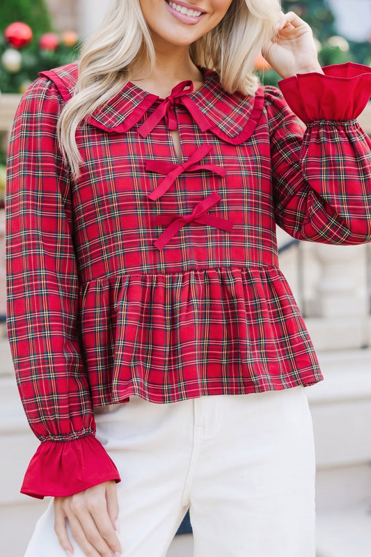Red Plaid Tie Neck Ruffle Cuffs Long Sleeve Shift Blouse-Tops/Blouses & Shirts-[Adult]-[Female]-Red-S-2022 Online Blue Zone Planet