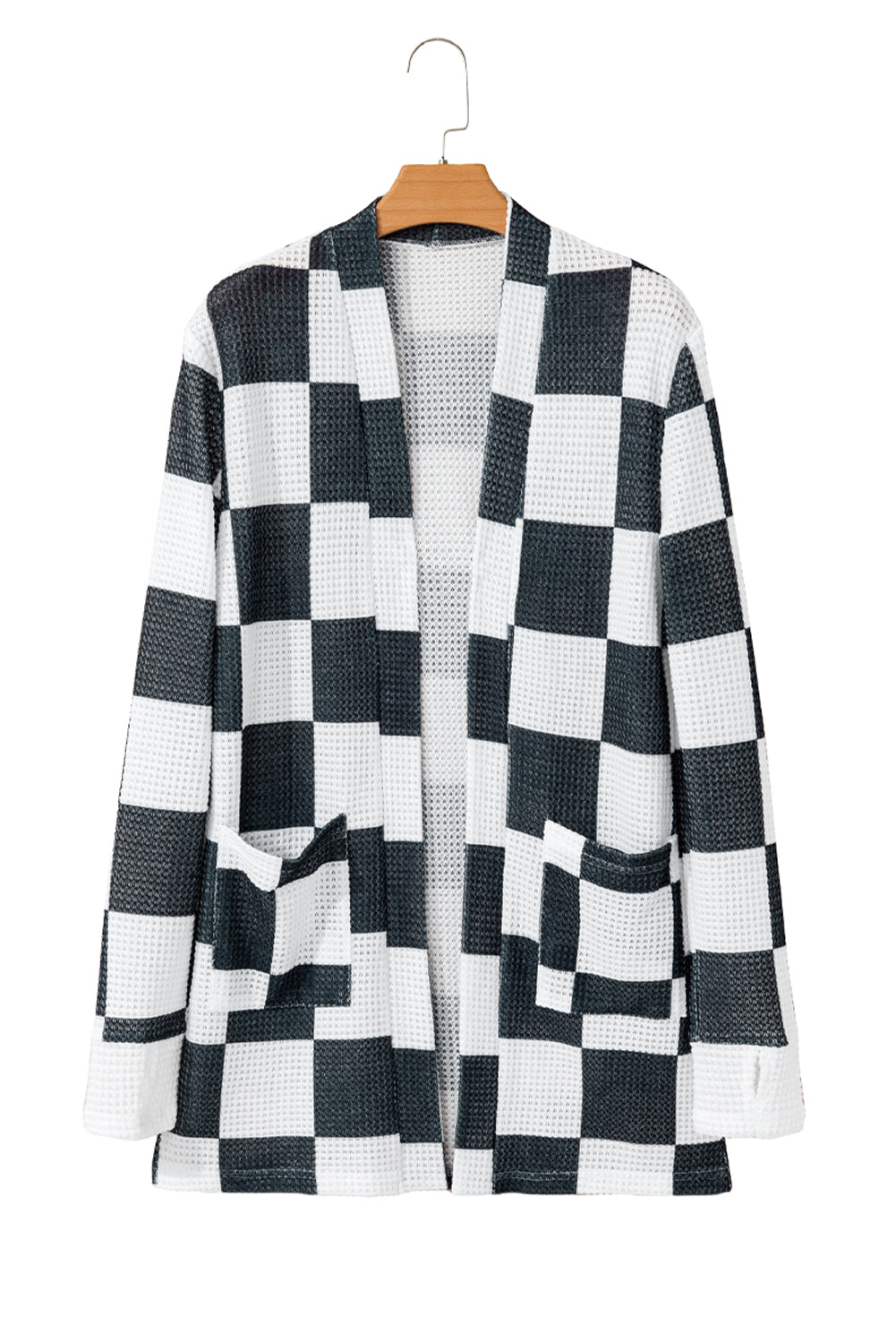 Blue Zone Planet | Black Checkered Waffle Knit Thumbhole Long Sleeve Cardigan-Cardigans-[Adult]-[Female]-2022 Online Blue Zone Planet