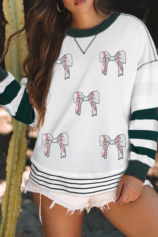 White Stripe Bowknot Patched Pattern Contrast Stitching Pullover Trendy Sweatshirt-Graphic/Graphic Sweatshirts-[Adult]-[Female]-White Stripe-S-2022 Online Blue Zone Planet
