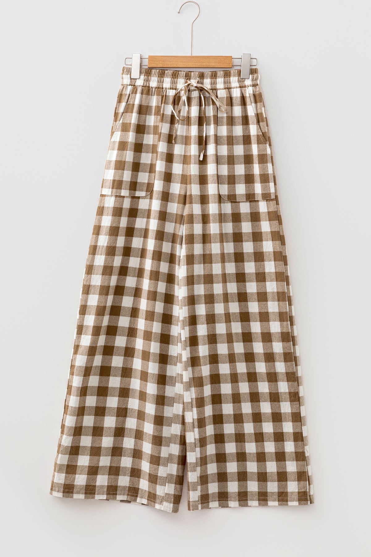 Brown Gingham Plaid Tie Elastic Waist Shift Pants-Bottoms/Pants & Culotte-[Adult]-[Female]-2022 Online Blue Zone Planet