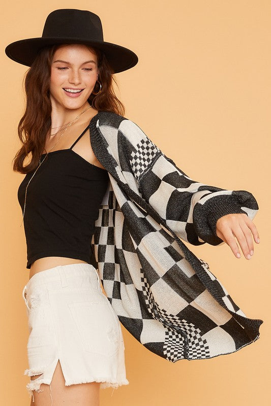 Annie Wear Checkered Open Front Drop Shoulder Cardigan-TOPS / DRESSES-[Adult]-[Female]-2022 Online Blue Zone Planet