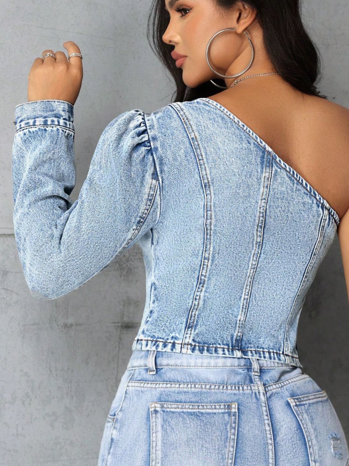 One Shoulder Long Sleeve Denim Top-TOPS / DRESSES-[Adult]-[Female]-2022 Online Blue Zone Planet