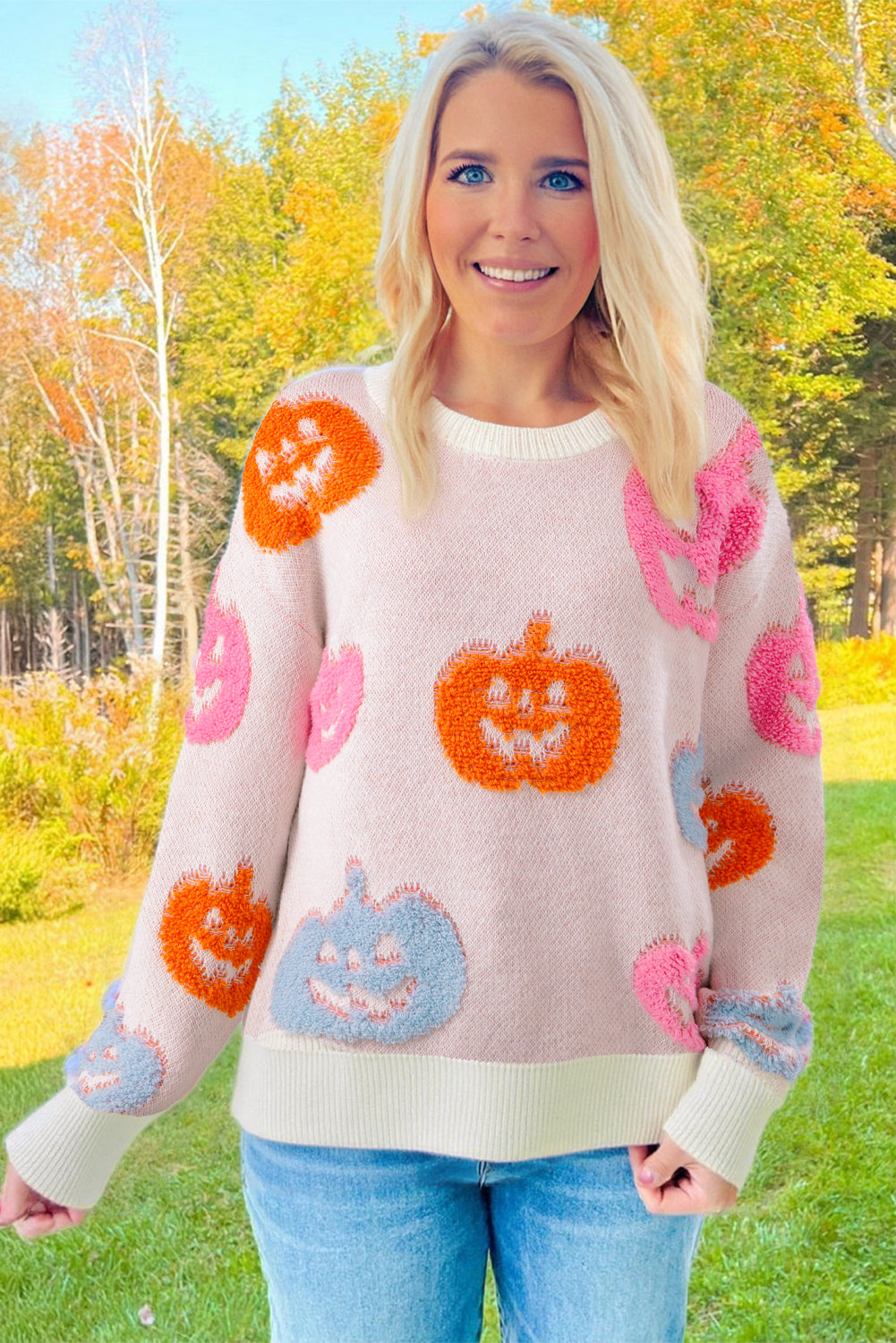 Beige Halloween Cute Pumpkin Pattern Sweater-TOPS / DRESSES-[Adult]-[Female]-2022 Online Blue Zone Planet