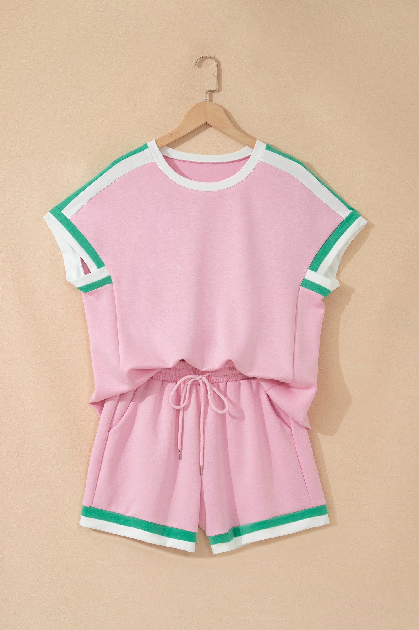 Bonbon Striped Trim Casual Tee Drawstring Shorts 2pcs Set-Two Piece Sets/Short Sets-[Adult]-[Female]-2022 Online Blue Zone Planet