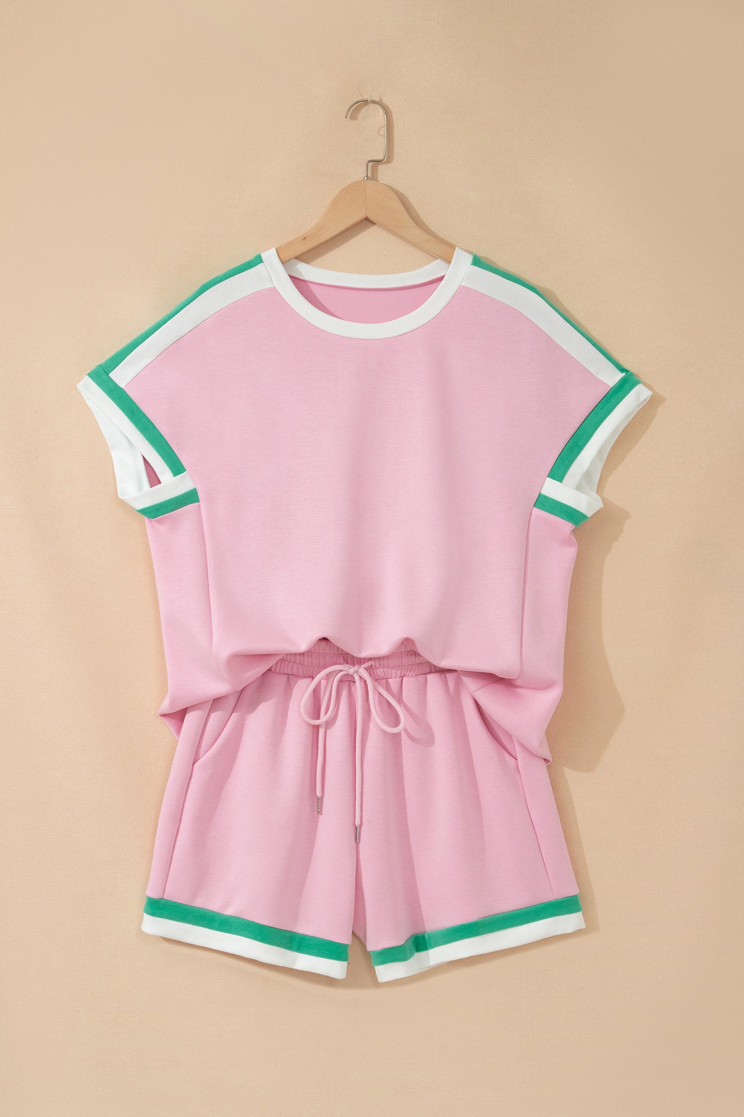 Bonbon Striped Trim Casual Tee Drawstring Shorts 2pcs Set-Two Piece Sets/Short Sets-[Adult]-[Female]-2022 Online Blue Zone Planet