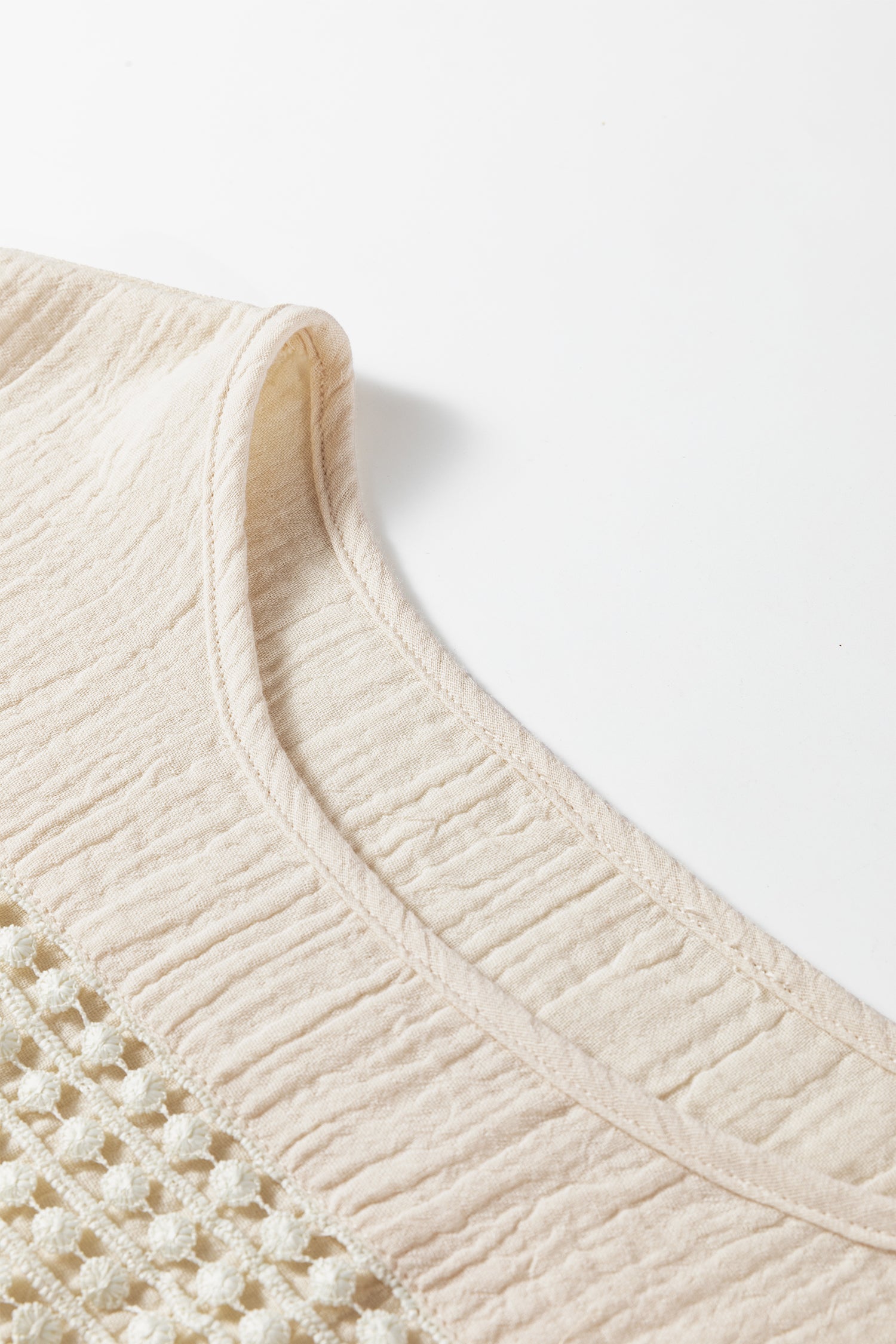 Beige Crochet Insert Textured Cotton Short Sleeve Blouse Top-Tops/Blouses & Shirts-[Adult]-[Female]-2022 Online Blue Zone Planet