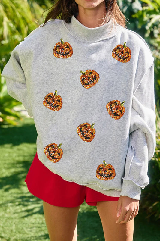 Light Grey Sequined Halloween Pumpkin Graphic Exposed Seam Mock Neck Sweatshirt-Graphic/Graphic Sweatshirts-[Adult]-[Female]-Light Grey-S-2022 Online Blue Zone Planet