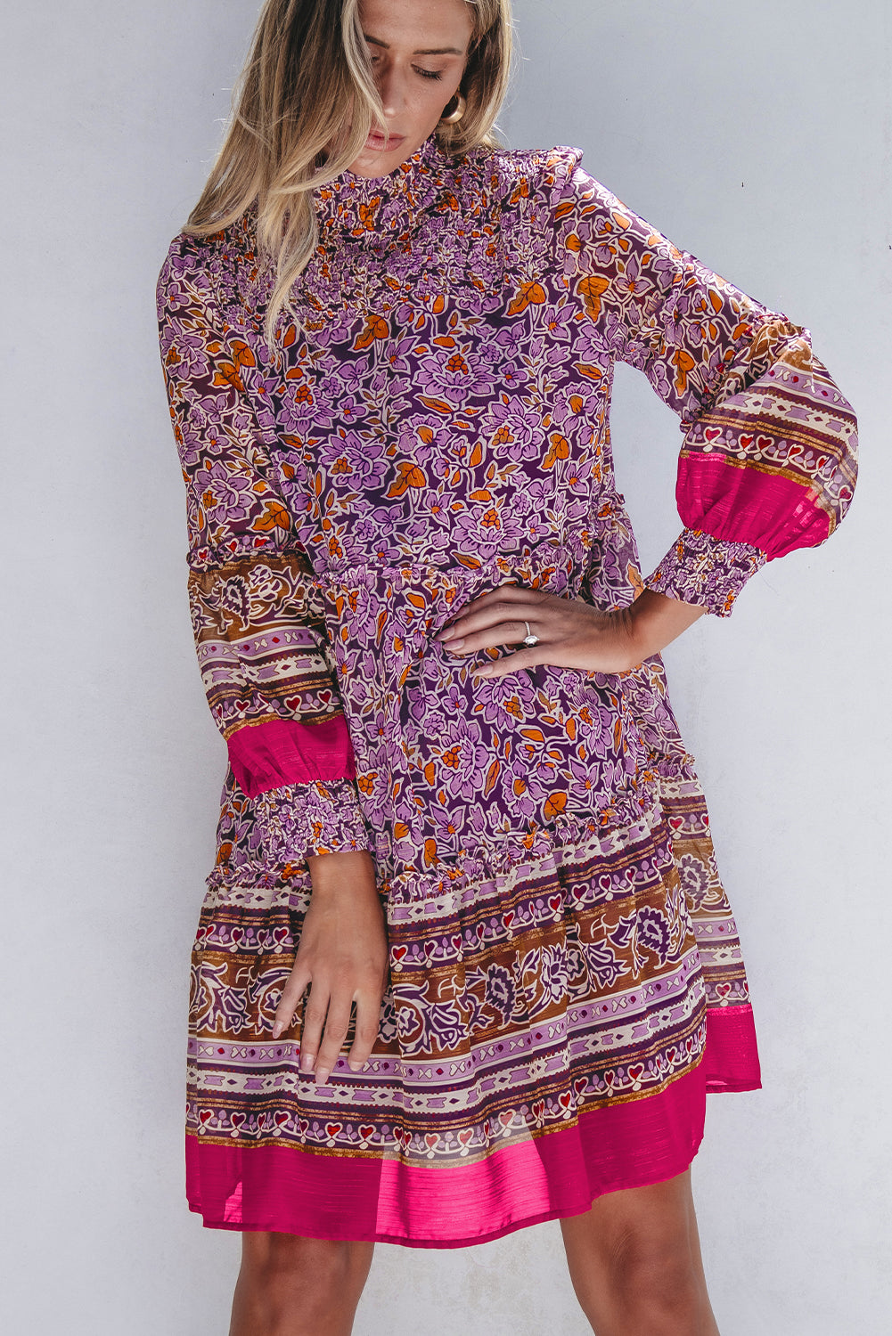 Blue Zone Planet | Purple Floral Smocked Puff Sleeve High Neck Mini Dress-TOPS / DRESSES-[Adult]-[Female]-2022 Online Blue Zone Planet