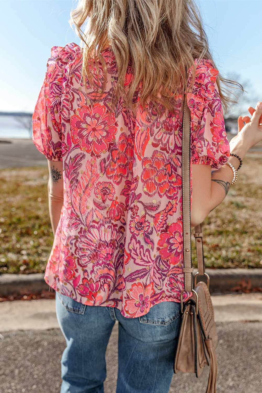 Red Floral Print Ruffled Puff Short Sleeve Blouse-Tops/Blouses & Shirts-[Adult]-[Female]-2022 Online Blue Zone Planet