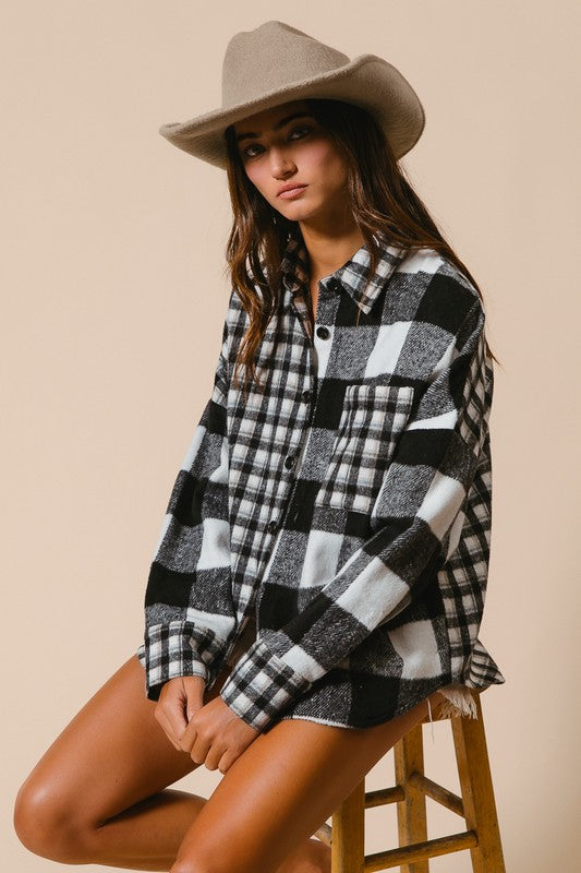 BiBi Plaid Fleece Button Down Long Sleeve Shirt-TOPS / DRESSES-[Adult]-[Female]-2022 Online Blue Zone Planet