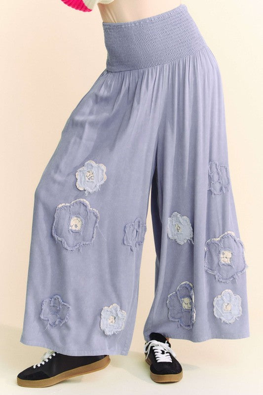 Davi & Dani Smocked Waist Flower Patch Wide Leg Pants-BOTTOM SIZES SMALL MEDIUM LARGE-[Adult]-[Female]-Blue-S-2022 Online Blue Zone Planet