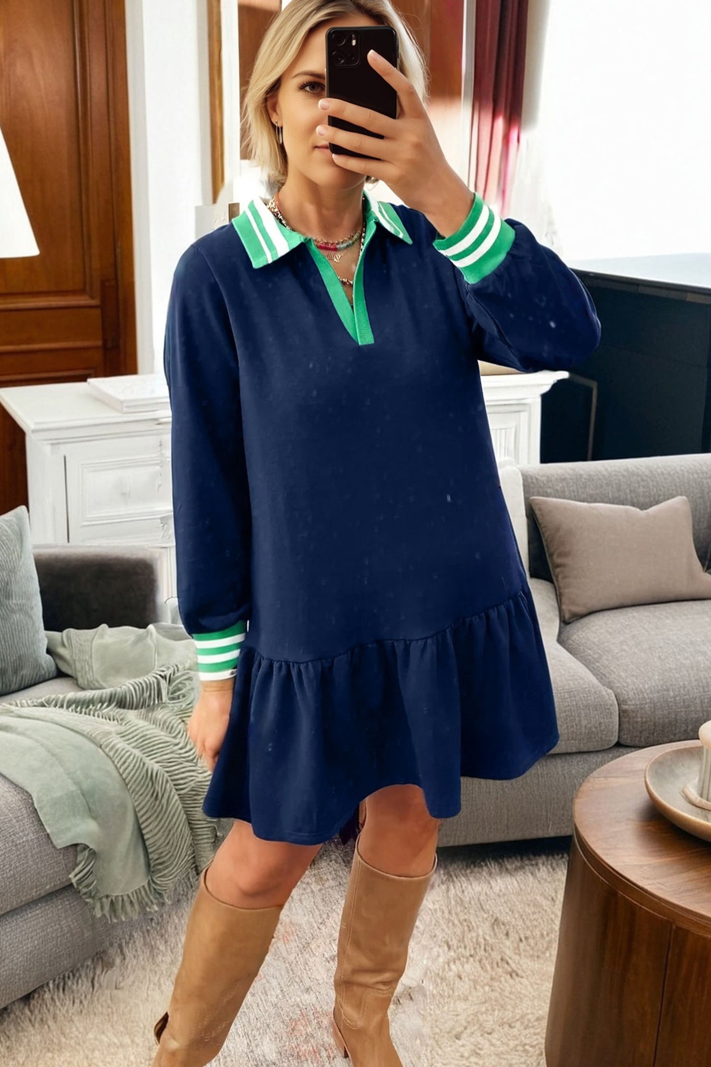 Navy Blue Contrast Striped Cuffs Polo Collar Patchwork Long Sleeve Ruffle Hem Mini Dress-TOPS / DRESSES-[Adult]-[Female]-2022 Online Blue Zone Planet