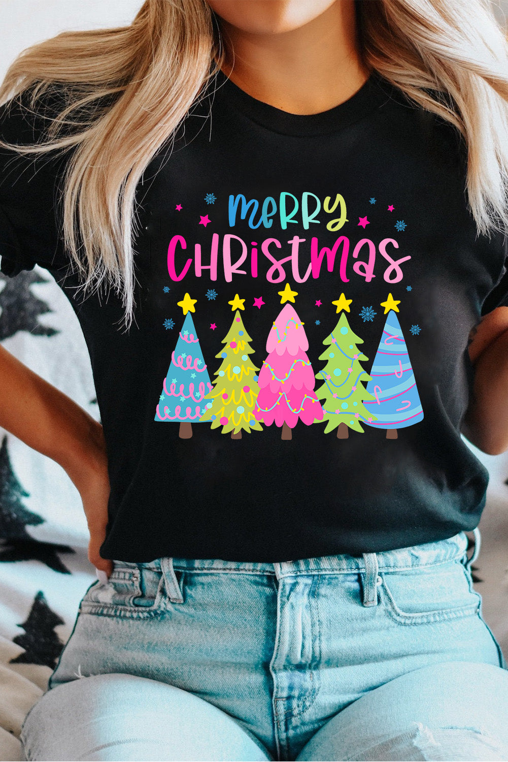 Blue Zone Planet |  Black Merry Christmas Trees Print Crew Neck Loose T Shirt