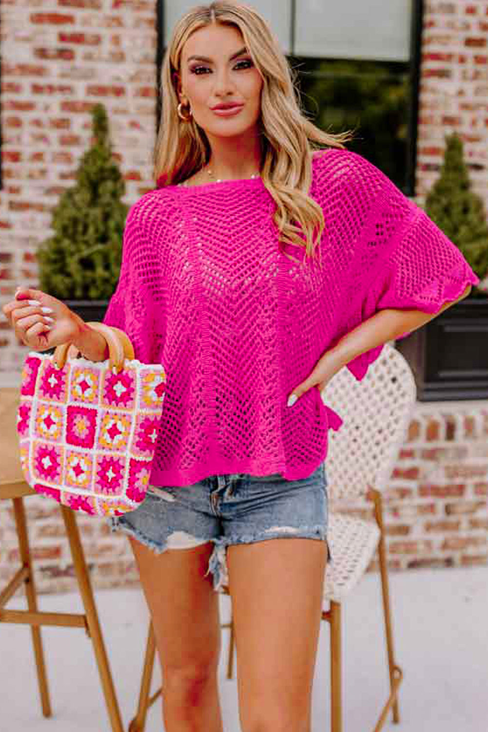 Rose Red Pointelle Knit Scallop Edge Short Sleeve Top-Sweaters & Cardigans/Short Sleeve Sweaters-[Adult]-[Female]-2022 Online Blue Zone Planet