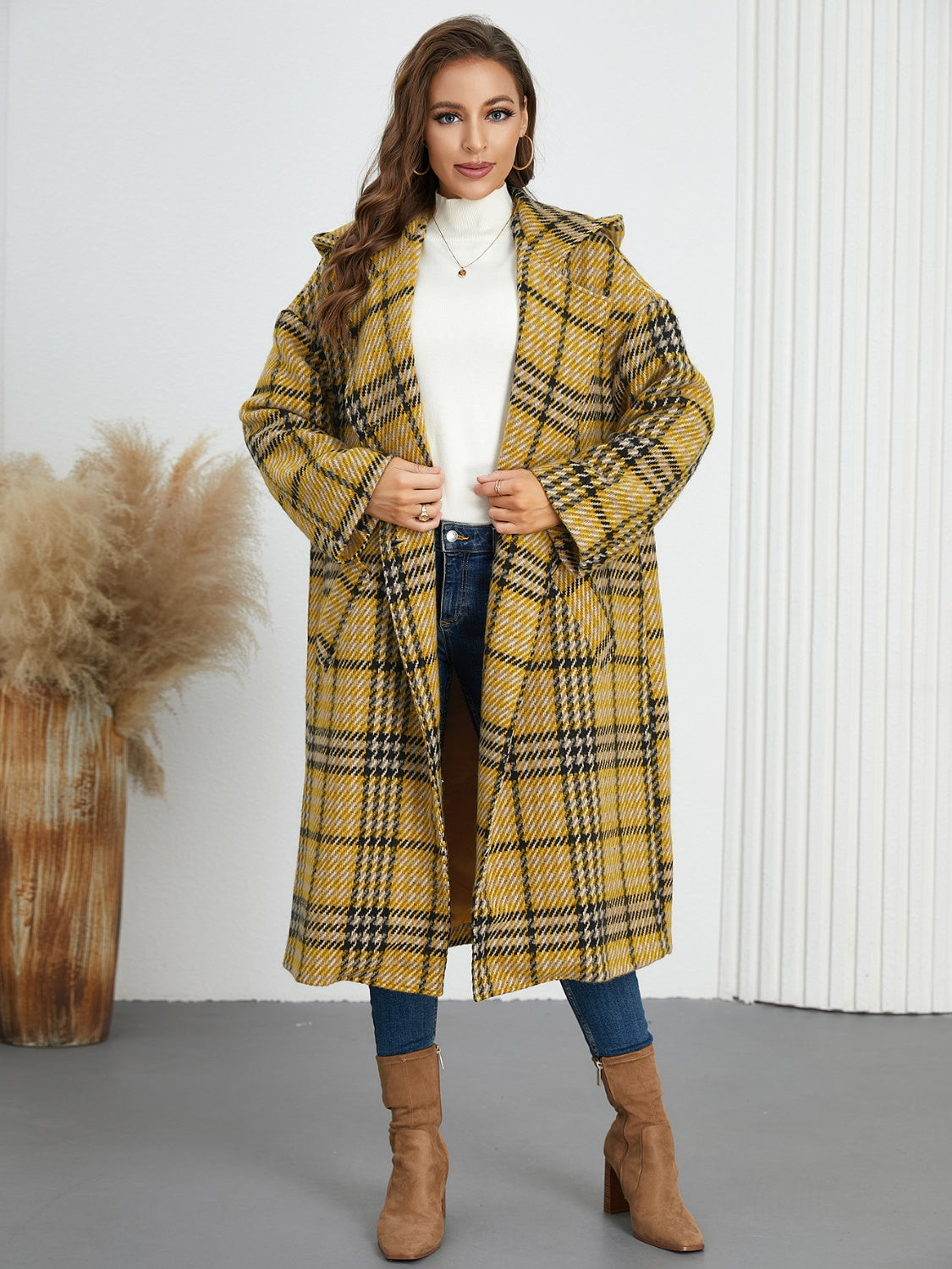 Blue Zone Planet | Plaid Double-Breasted Long Sleeve Longline Coat-TOPS / DRESSES-[Adult]-[Female]-2022 Online Blue Zone Planet