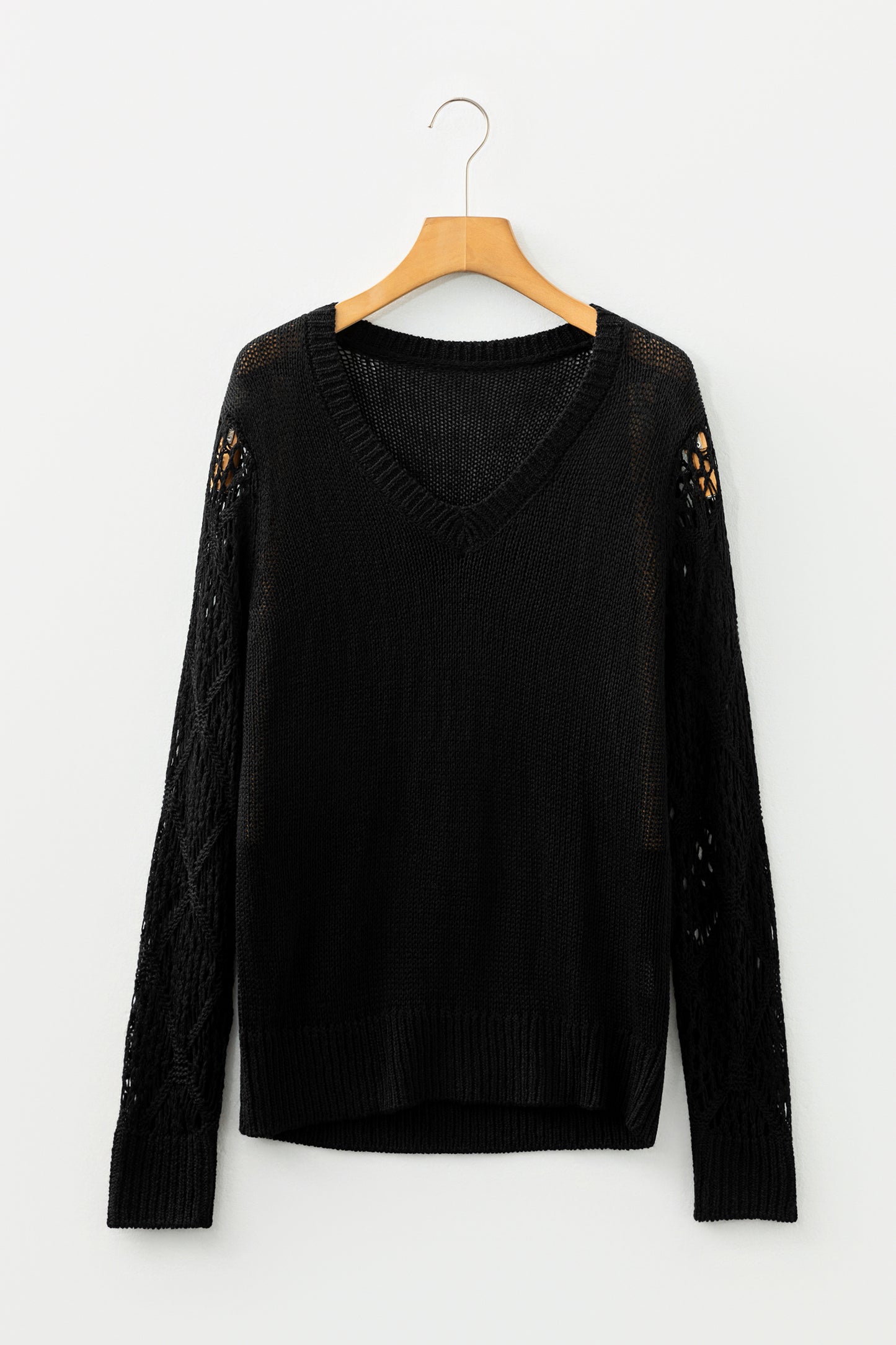 Black Solid V Neck Pointelle Knit Sleeve Patchwork Sweater-TOPS / DRESSES-[Adult]-[Female]-2022 Online Blue Zone Planet