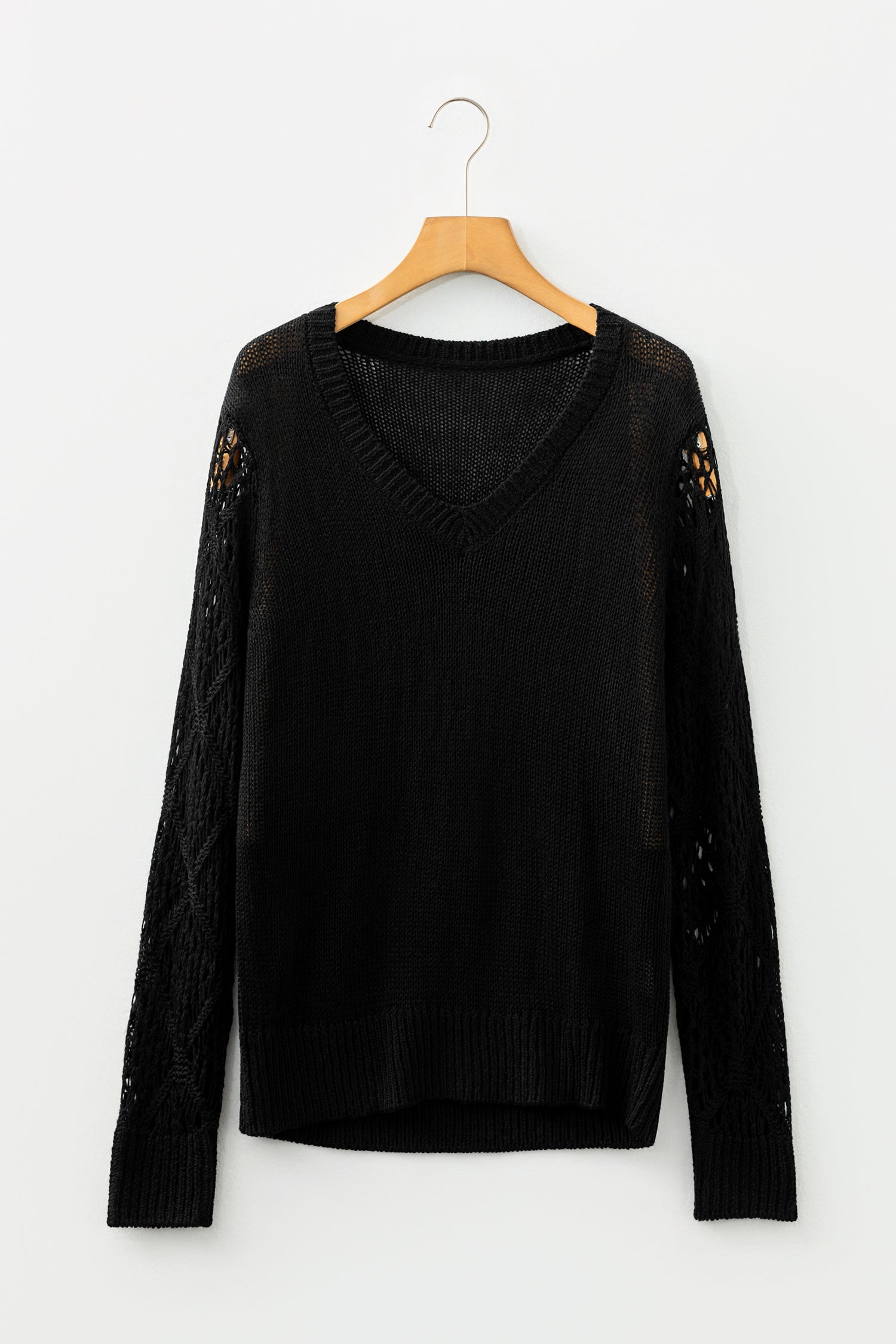 Black Solid V Neck Pointelle Knit Sleeve Patchwork Sweater-TOPS / DRESSES-[Adult]-[Female]-2022 Online Blue Zone Planet