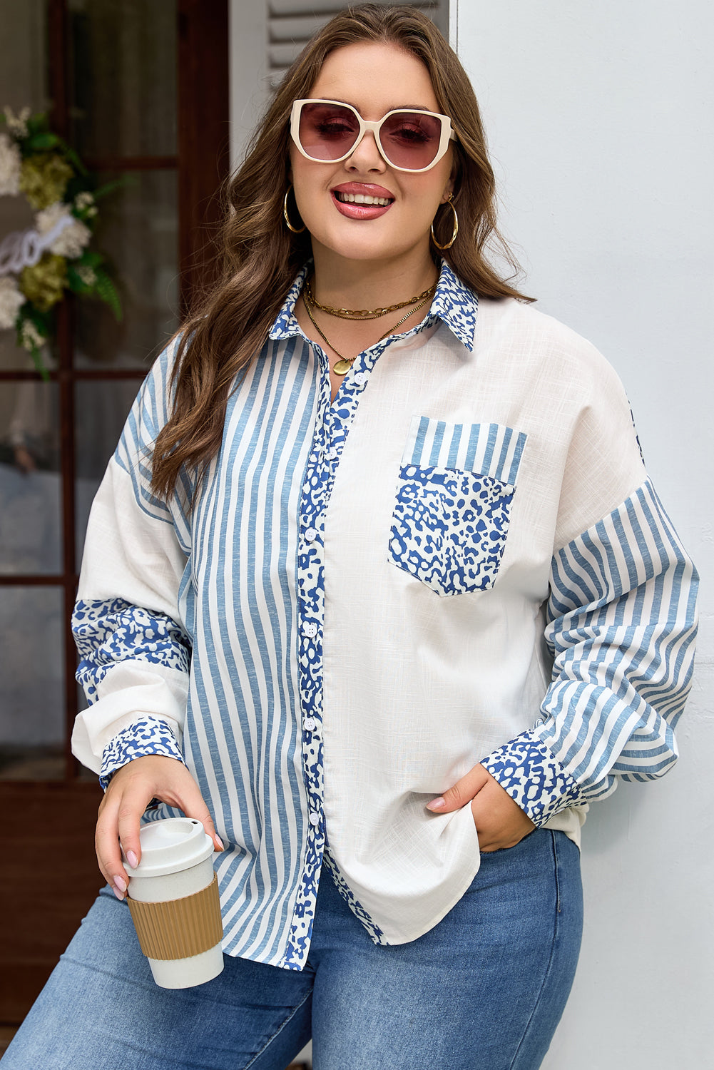Sky Blue Leopard Striped Patchwork Casual Plus Shirt-Plus Size/Plus Size Tops/Plus Size Blouses & Shirts-[Adult]-[Female]-2022 Online Blue Zone Planet