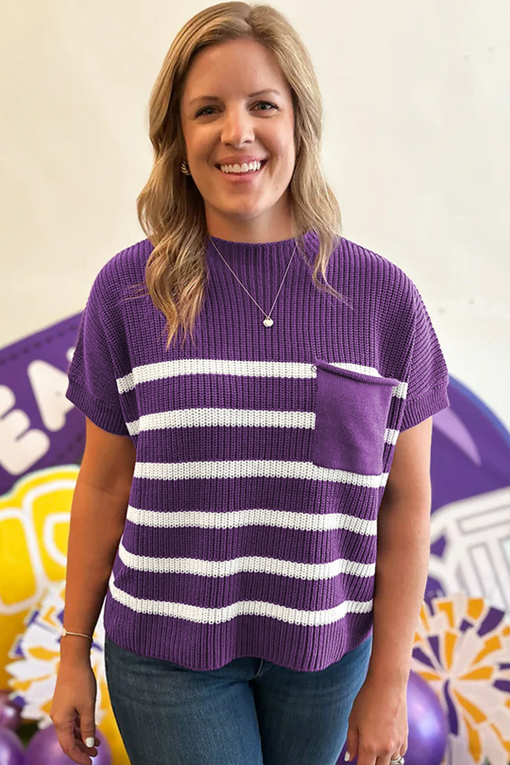 Purple Stripe Raw Edge Patched Pocket Short Sleeve Knit Sweater-Sweaters & Cardigans/Short Sleeve Sweaters-[Adult]-[Female]-2022 Online Blue Zone Planet