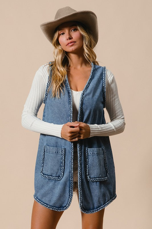 Blue Zone Planet | BiBi Braided Trim Open Front Denim Vest with Pockets-TOPS / DRESSES-[Adult]-[Female]-Medium-S-2022 Online Blue Zone Planet