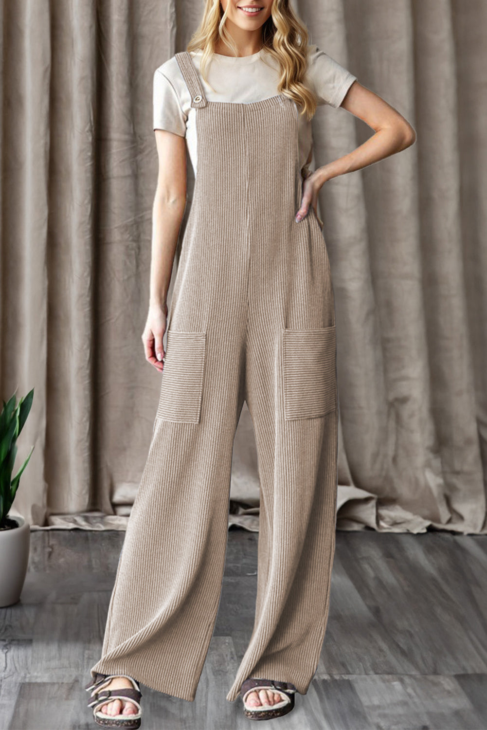 Parchment Ribbed Knit Patched Pocket Wide Leg Overalls-Bottoms/Jumpsuits & Rompers-[Adult]-[Female]-Parchment-S-2022 Online Blue Zone Planet