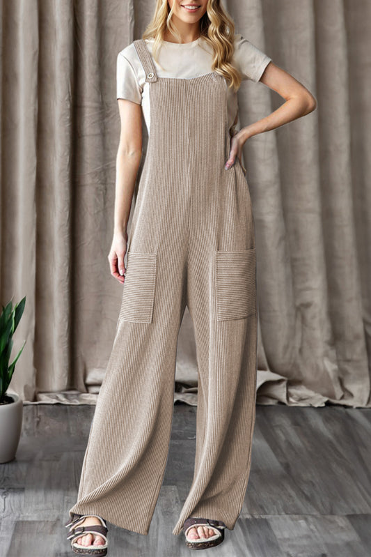Parchment Ribbed Knit Patched Pocket Wide Leg Overalls-Bottoms/Jumpsuits & Rompers-[Adult]-[Female]-Parchment-S-2022 Online Blue Zone Planet