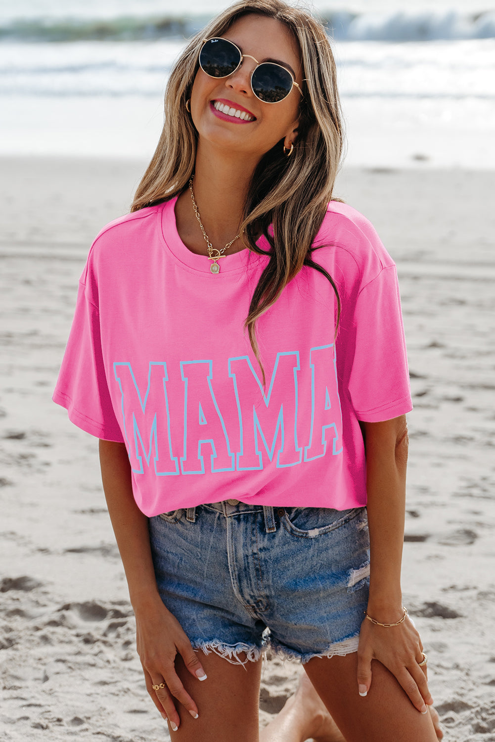 Bright Pink MAMA Letter Graphic Neon T Shirt-Graphic/Graphic Tees-[Adult]-[Female]-Bright Pink-S-2022 Online Blue Zone Planet