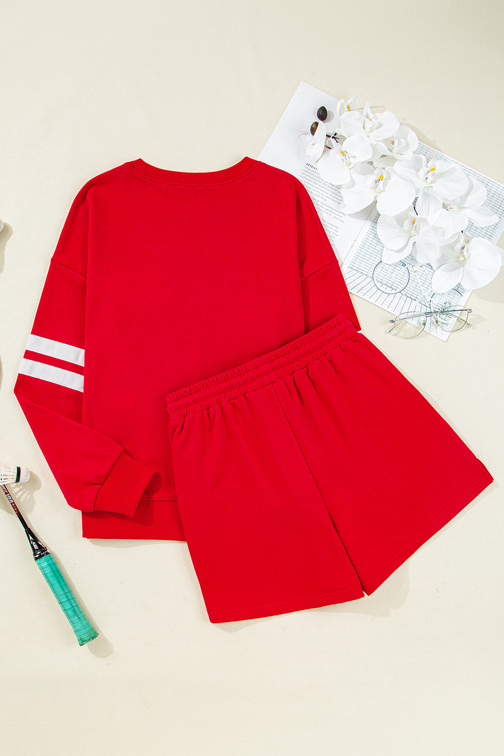 Fiery Red Varsity Striped Sleeve Drop Shoulder Sweatshirt and Short Set-Two Piece Sets/Short Sets-[Adult]-[Female]-2022 Online Blue Zone Planet