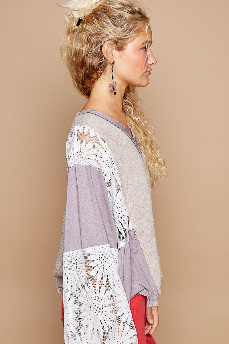 POL Lace Detail V-Neck Flare Sleeve Blouse-TOPS / DRESSES-[Adult]-[Female]-2022 Online Blue Zone Planet