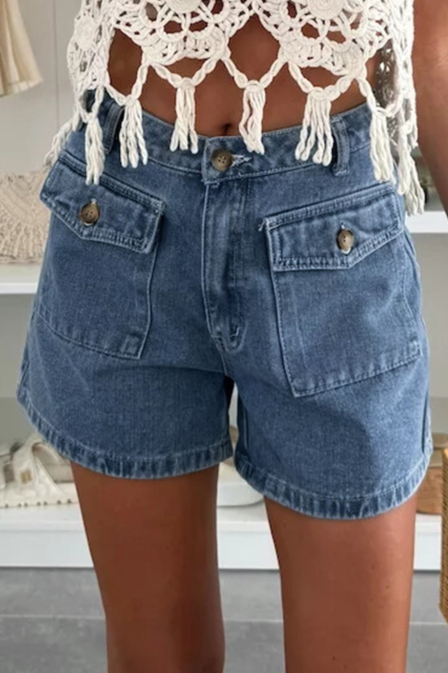 Dusk Blue Flap Pockets Denim Shorts-Bottoms/Denim Shorts-[Adult]-[Female]-2022 Online Blue Zone Planet