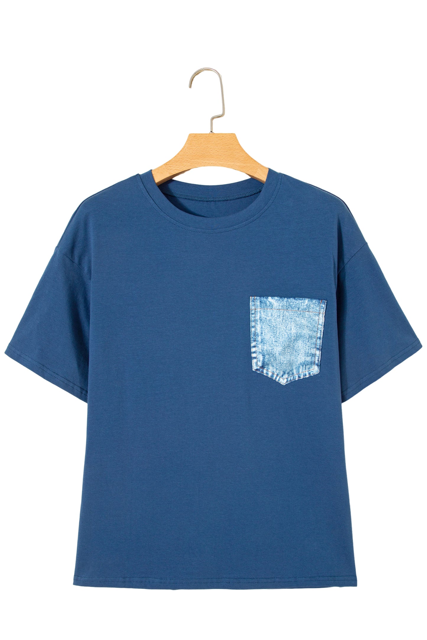 Sail Blue Color Block Chest Pocket Patched Casual Short Sleeve Top-Tops/Tops & Tees-[Adult]-[Female]-2022 Online Blue Zone Planet