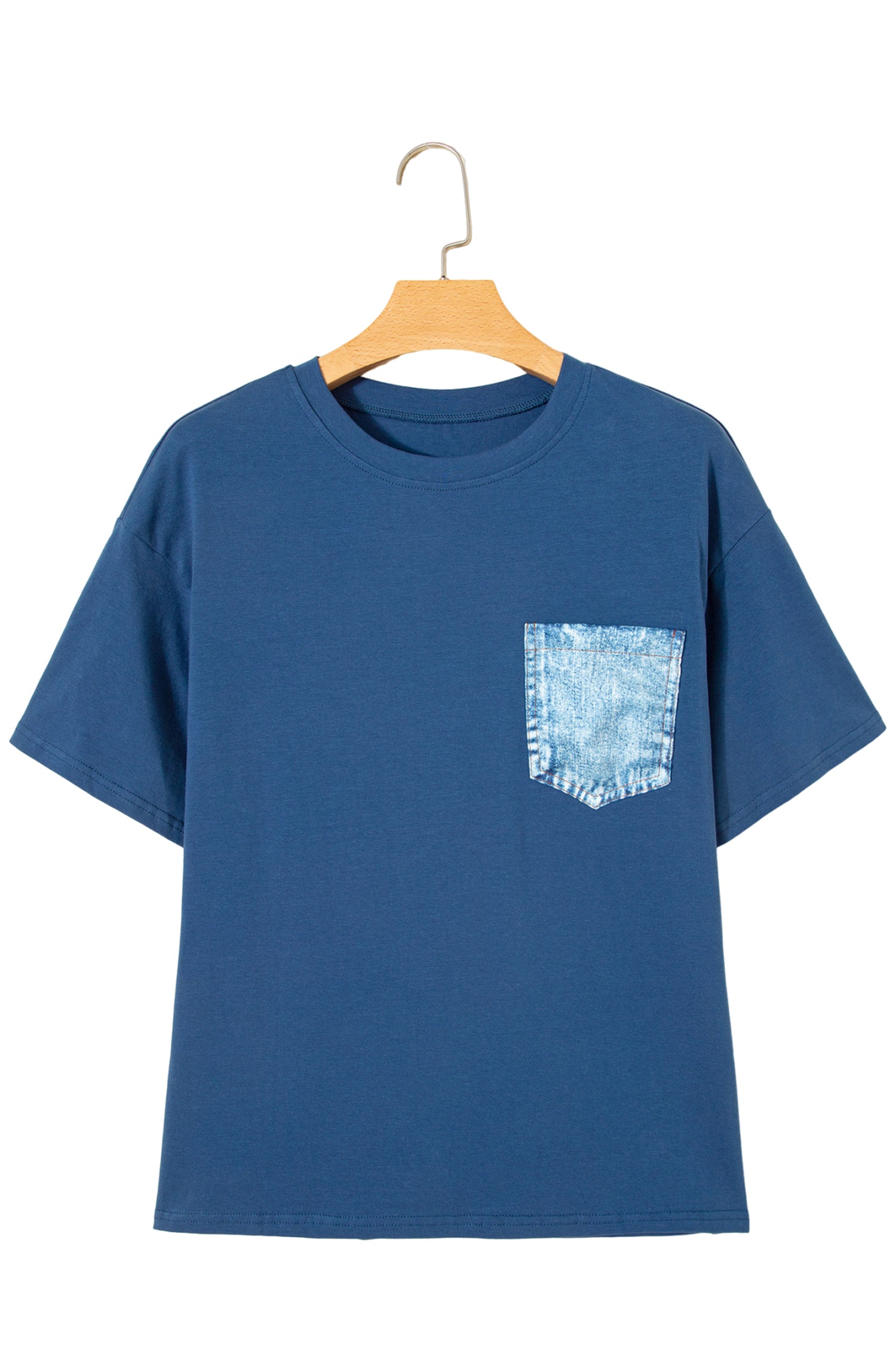 Sail Blue Color Block Chest Pocket Patched Casual Short Sleeve Top-Tops/Tops & Tees-[Adult]-[Female]-2022 Online Blue Zone Planet