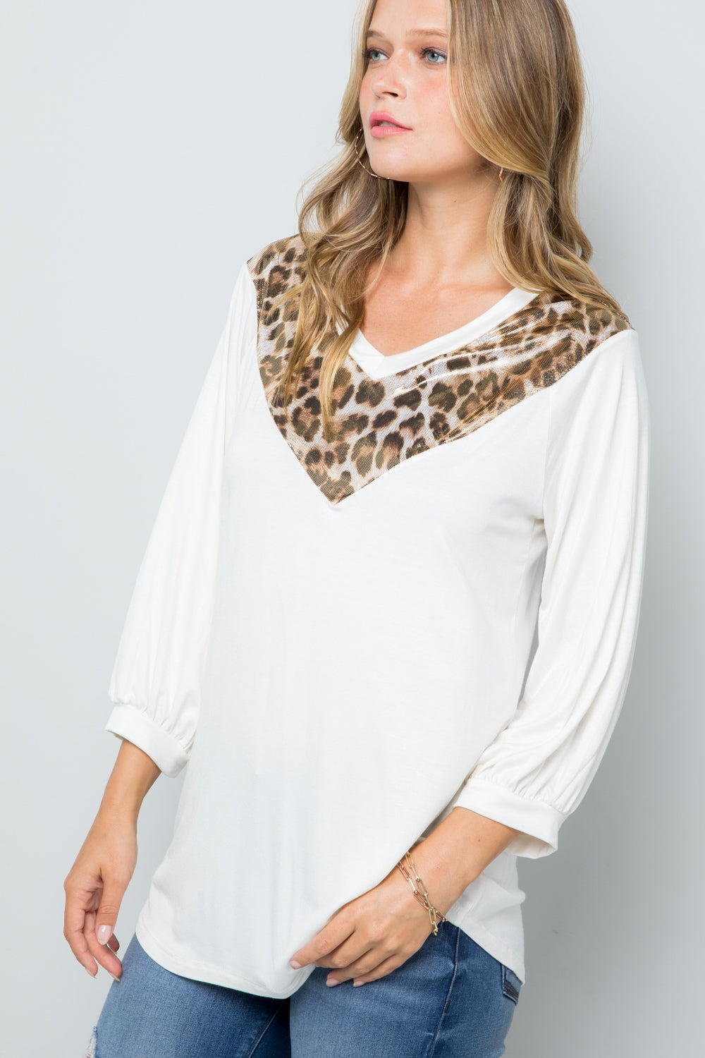 Celeste Full Size Leopard Contrast Balloon Sleeve Top-TOPS / DRESSES-[Adult]-[Female]-2022 Online Blue Zone Planet