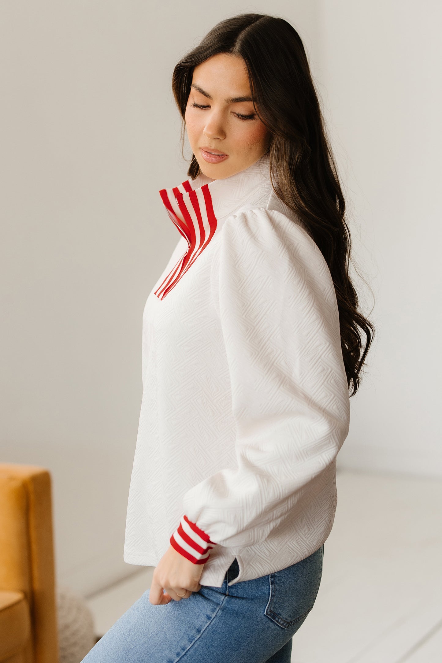 White Textured Knit Contrast Striped Accent Zipped Collar Pullover Top-Tops/Long Sleeve Tops-[Adult]-[Female]-2022 Online Blue Zone Planet