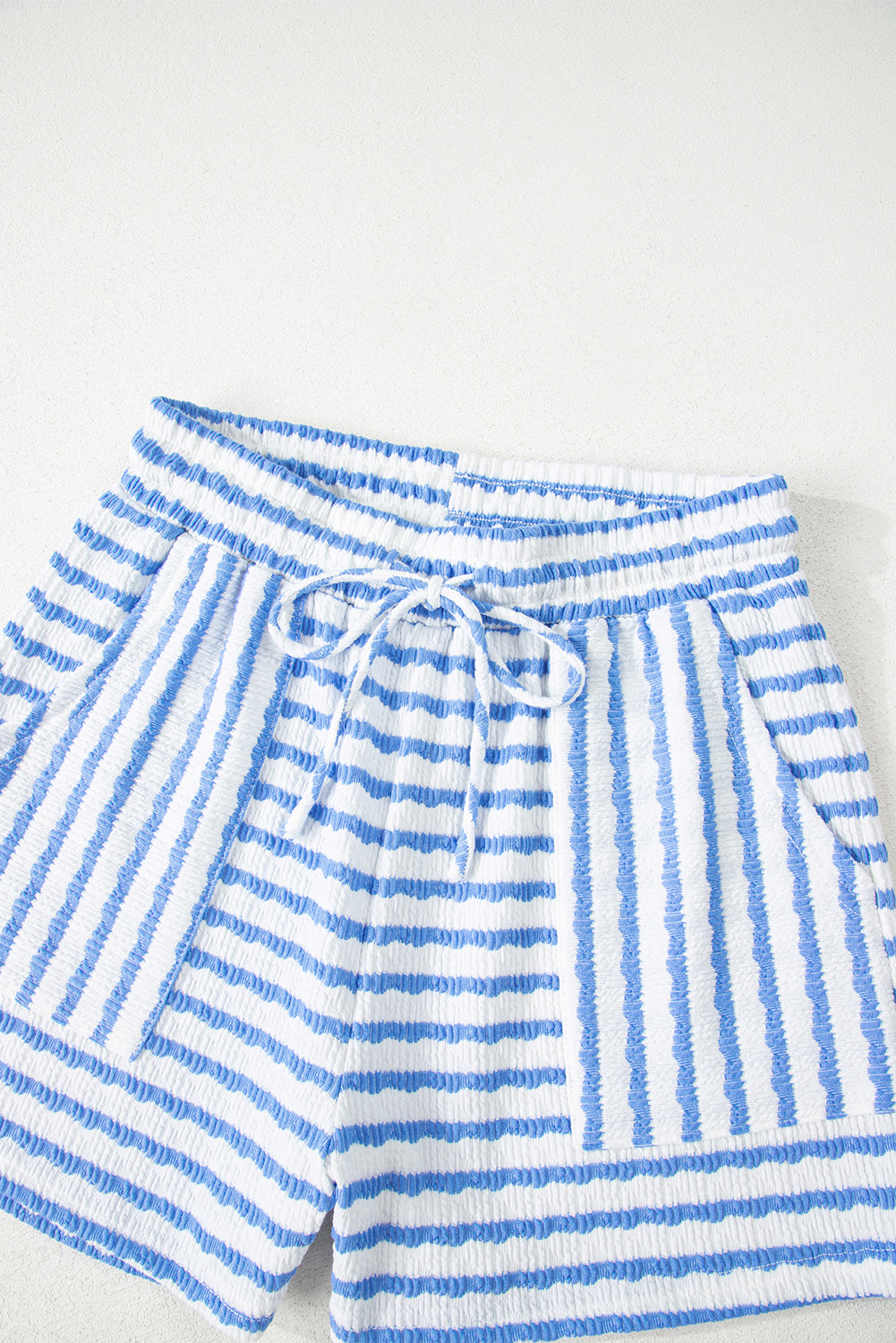Sky Blue Stripe Knitted Short Sleeve Top and Drawstring Shorts Set-Two Piece Sets/Short Sets-[Adult]-[Female]-2022 Online Blue Zone Planet
