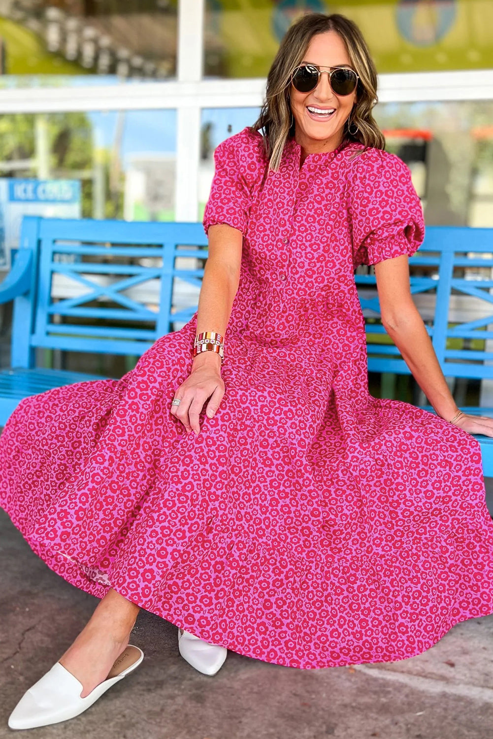 Blue Zone Planet |  Rose Red Flower Mock Neck Puff Sleeve Tiered Maxi Dress Blue Zone Planet