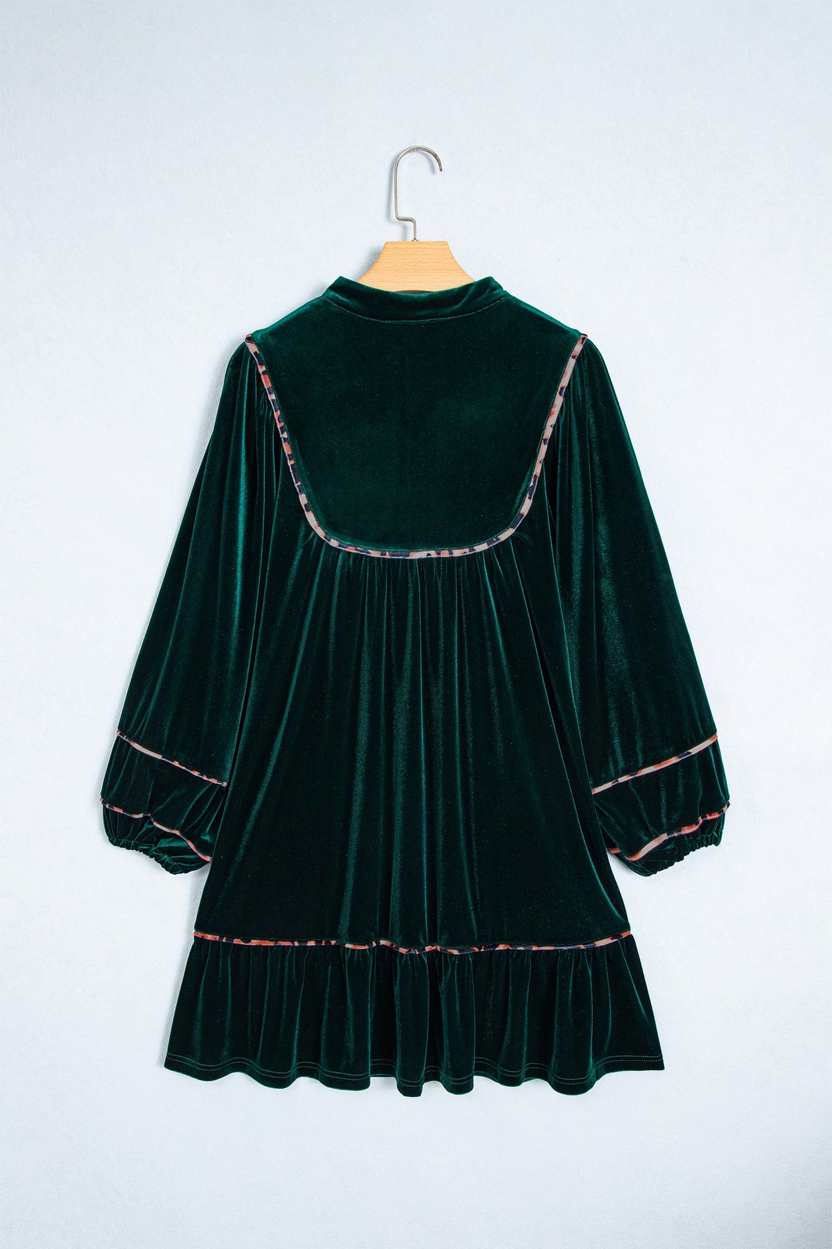 Blackish Green Leopard Trim Velvet Long Sleeve Shift Dress-TOPS / DRESSES-[Adult]-[Female]-2022 Online Blue Zone Planet